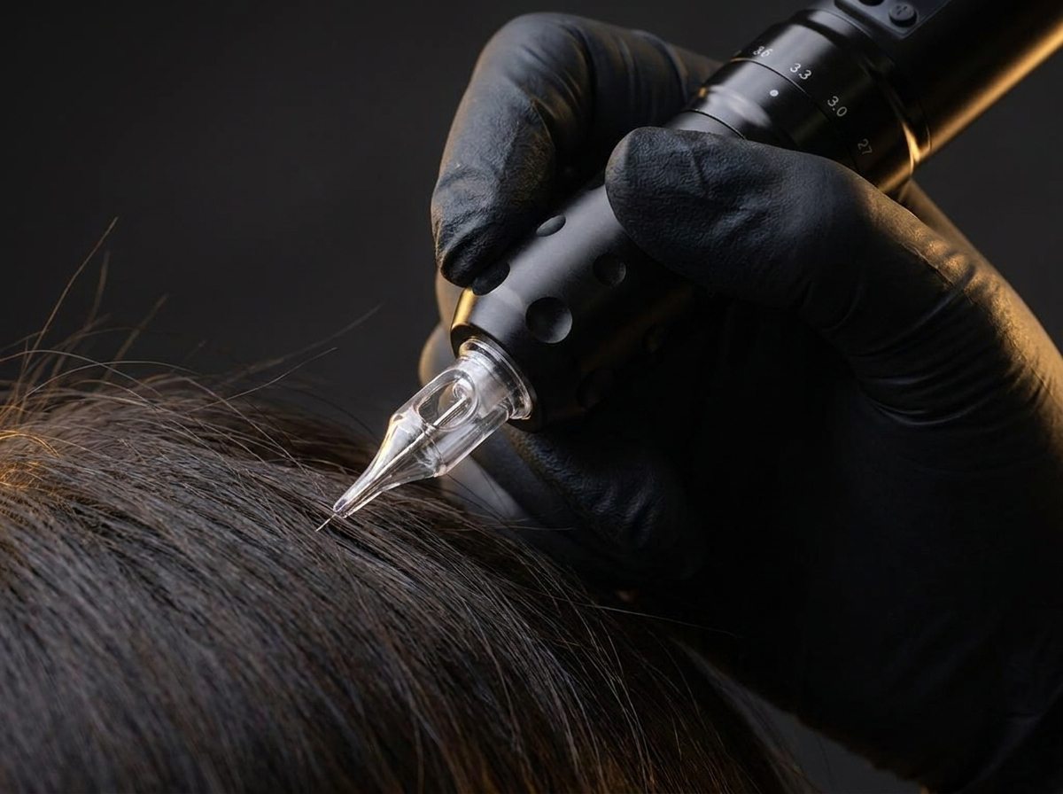 Micropigmentatie tussen bestaand haar voor een volumebehandeling